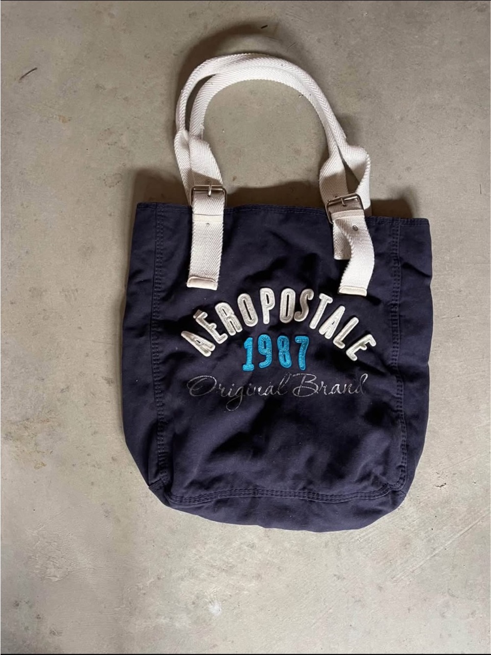 Aeropostale Navy Canvas Tote with White Rope Handles and Teal Accent